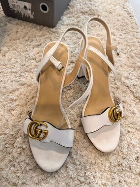 Gucci White Leather Slingback Sandals with Gold Double G